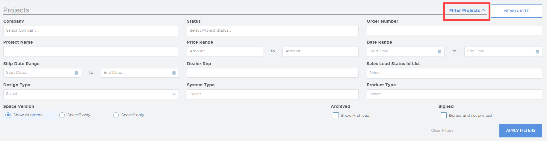 Projects Page | Space3 Documentation